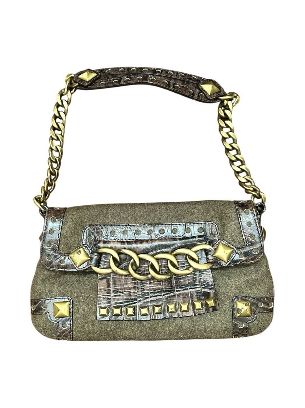 MICHAEL KORS Studs Chains Leather Fringe Vintage Army Green Wool Shoulder Bag EC - Picture 1 of 8